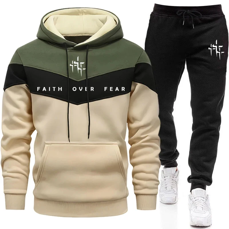 Men'S Fashion Hoodies - Faith Over Fear メンズ トラックスーツ フード付きスウェットシャツとジョガーパンツ