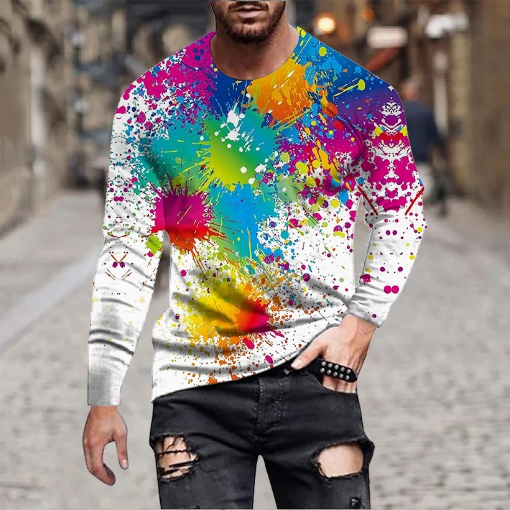 Men'S Fashion Trends - メンズ レインボーペイントスプラッシュ 3Dプリント 長袖Tシャツ カラフルインクグラフィティTシャツ ノベルティ