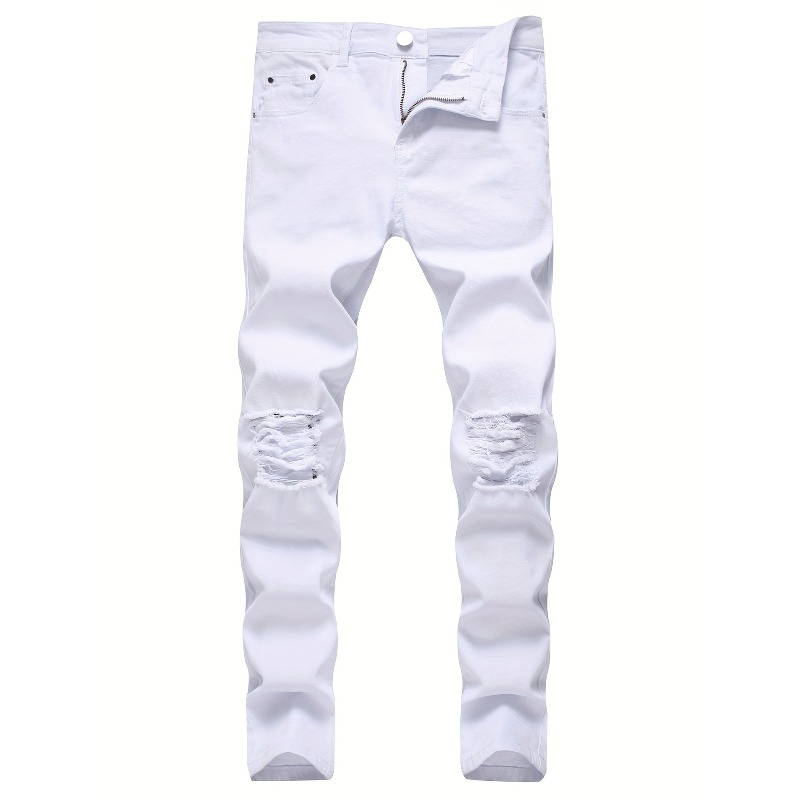 Skinny Jeans Ripped - スキニーストレッチリップドジーンズメンズディストレストKpopスリムフィットデニムパンツアメリカンストリートスタイルロックヒップホップ白黒ズボン