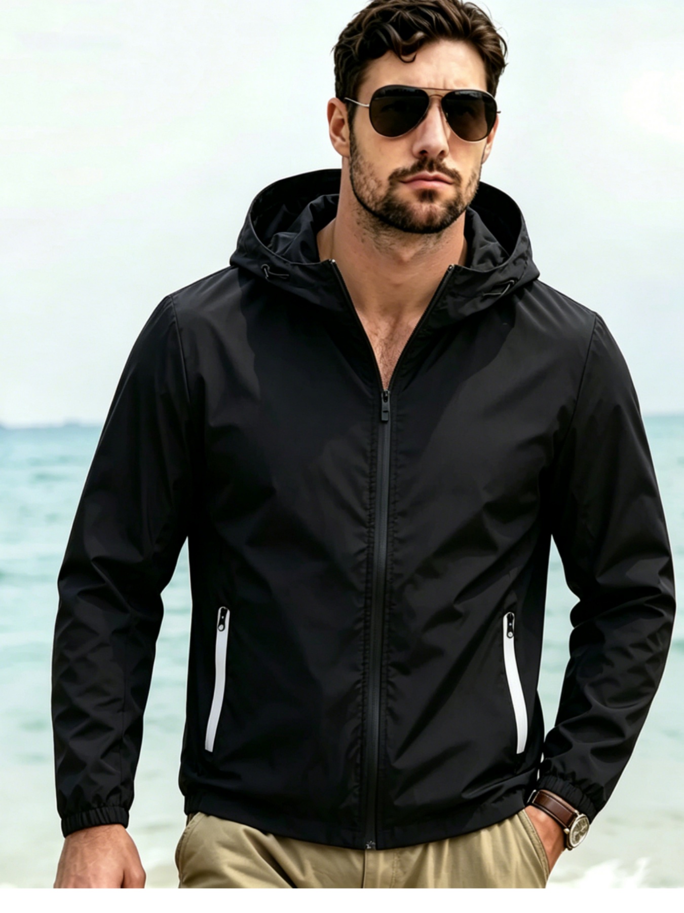Windbreaker Men Zip - メンズフード付きウィンドブレーカージャケット、軽量フルジップコート、ジッパーポケット付き、日常使い、アウトドア、旅行に最適