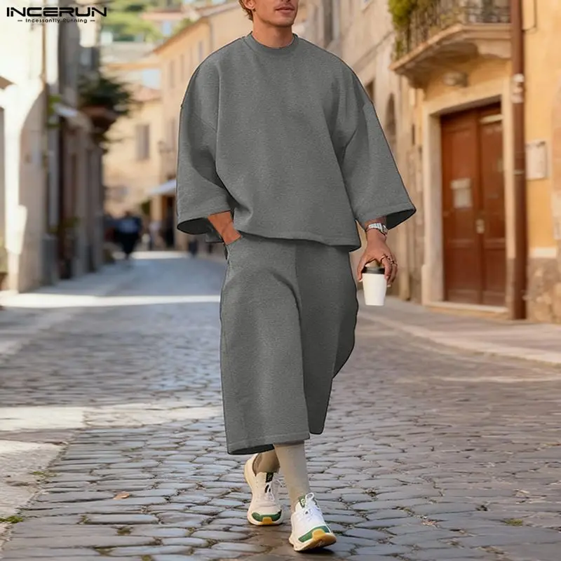 Men'S Fashion Hoodies - INCERUN メンズセット ソリッドカラー バギー 3/4 スリーブ