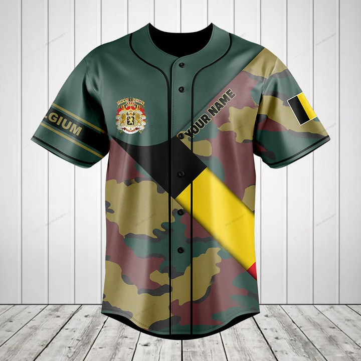 Mens Fashion Baseball Jersey - カスタム名ベルギー国旗迷彩グラフィックボタンシャツ夏カジュアルメンズファッション野球チームジャージ半袖トップス