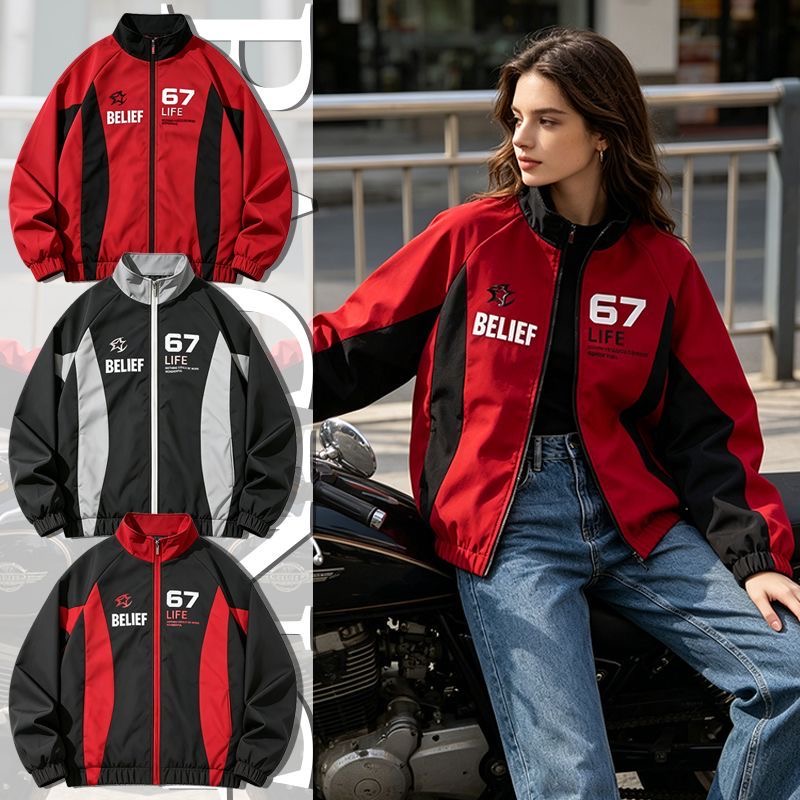 Windbreaker Men Zip - カジュアルレーシングスタイルジャケット メンズ レディース カラーブロック スタンドカラー ジップアップ