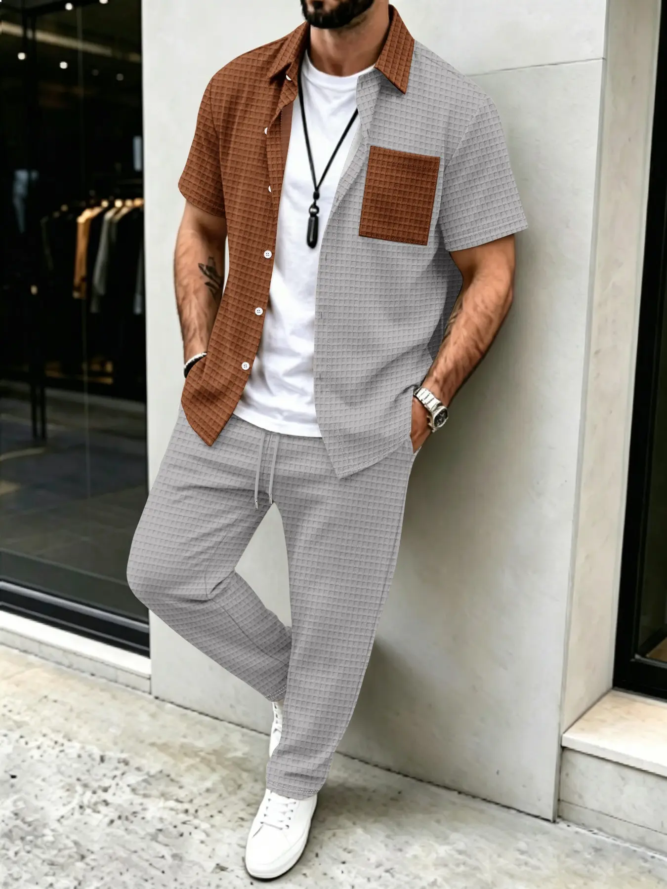 Mens Fashion Clothes - メンズ無地ワッフル柄カジュアル、カラーブロックデザインシャツ+ロングパンツセット、普段着に最適な万能ファッションアンサンブル