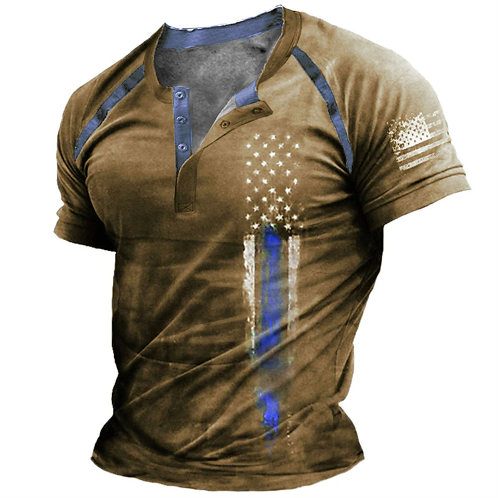 Mens Fashion Clothes - 面白い 3D アメリカ国旗プリントメンズヘンリーシャツファッションヘンリーカラー半袖トップス夏ストリートヴィンテージ服カジュアル Tシャツ
