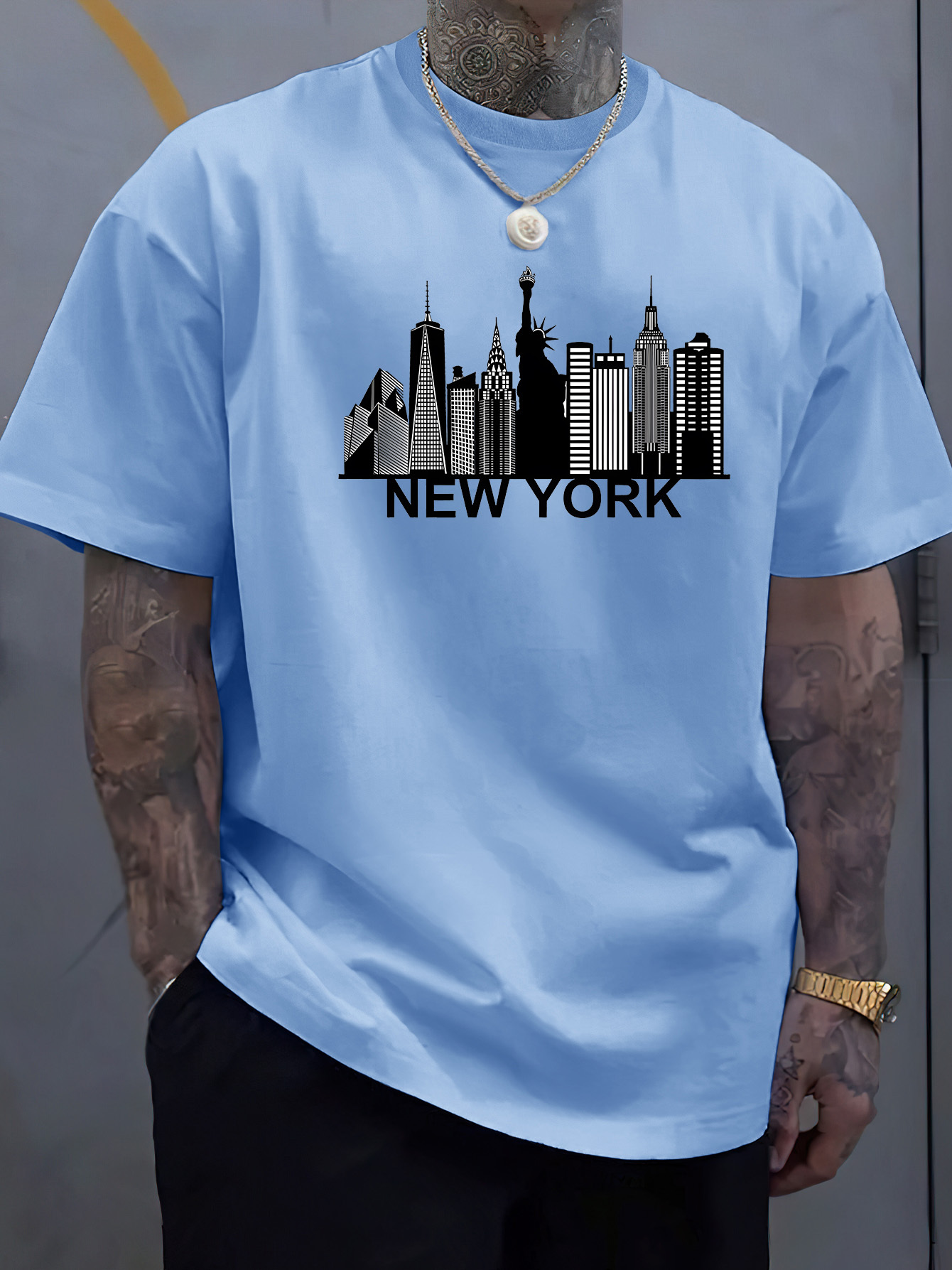 York Men'S Fashion - コットン製メンズニューヨークシティ柄プリントファッショナブルカジュアルルーズスポーツラウンドネック半袖Tシャツトップ