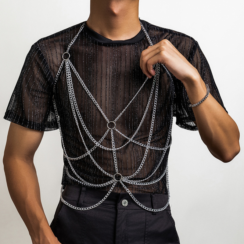 Fashion Harness Men - メンズ ボディチェーンハーネス シルバー マルチレイヤーチェーン チェストハーネス パーティー