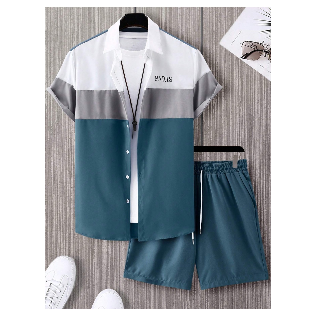 Mens Fashion Clothes - メンズファッションスーツ 青と白のパッチワークカラー シングルブレスト半袖ラペルシャツとショートパンツ Y2K メンズツーピーススーツ
