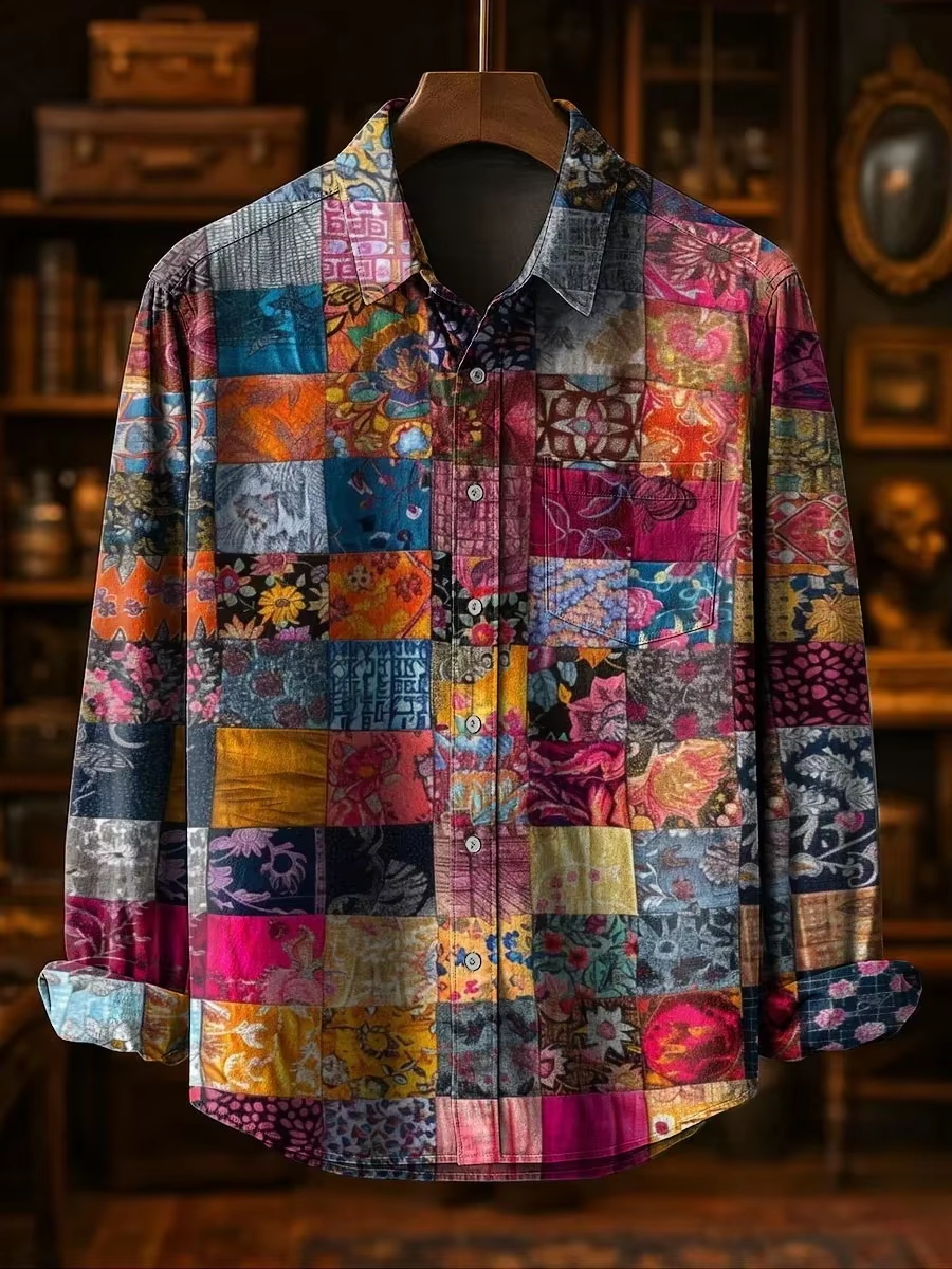 Mens Fashion Style - メンズファッション カジュアルファッション パッチワークデザイン リネンシャツ 花柄3Dプリント 新スタイル