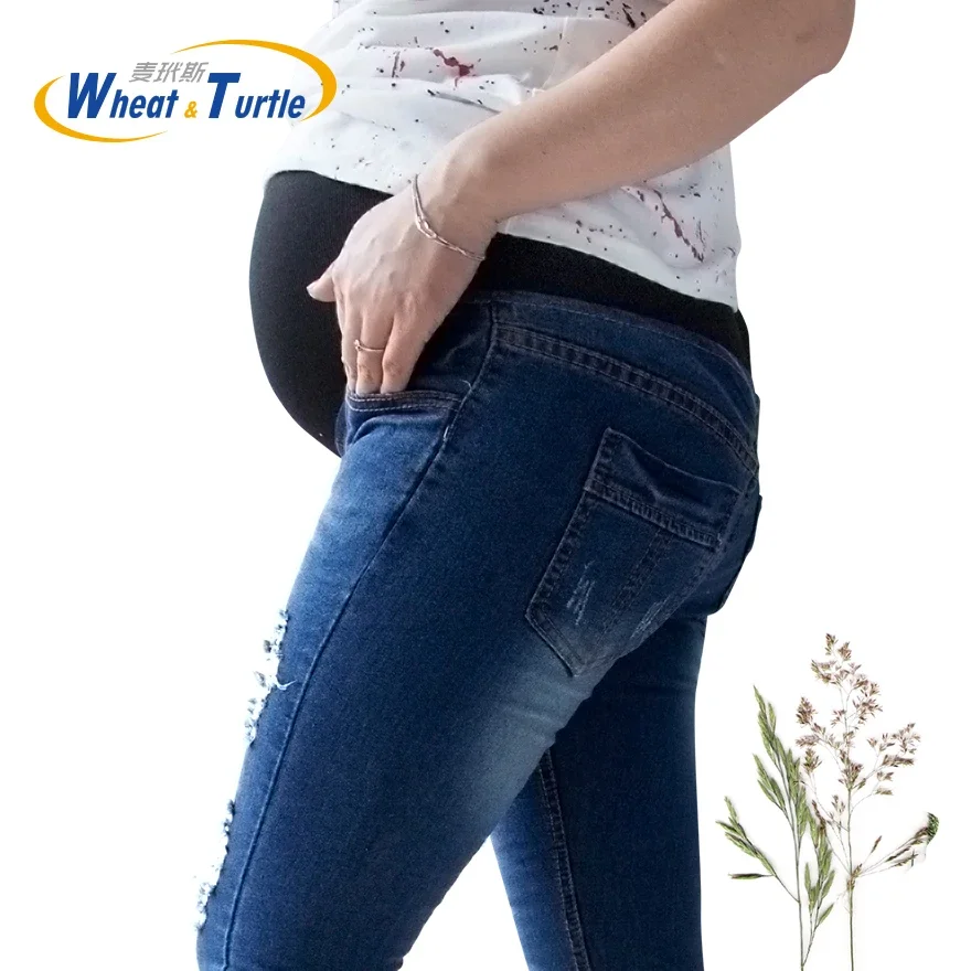 Skinny Jeans Ripped - ホットセール コットンデニム マタニティスキニージーンズ リップドホール コントラストステッチポケット スリムペンシルパンツ