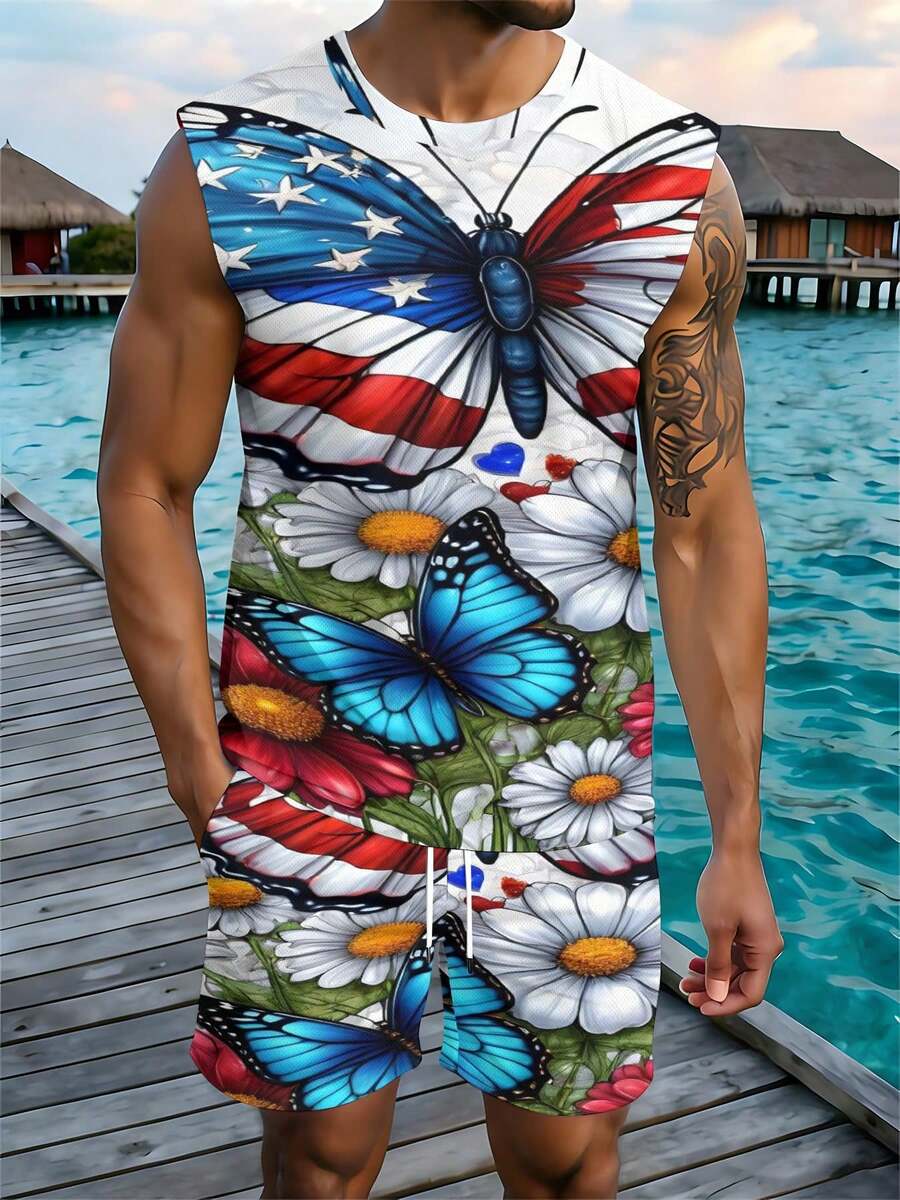 Mens Fashion Style - カジュアルファッション2026 欧米春夏秋新作 メンズタンクトップ＆ビーチショーツセット 独立記念日