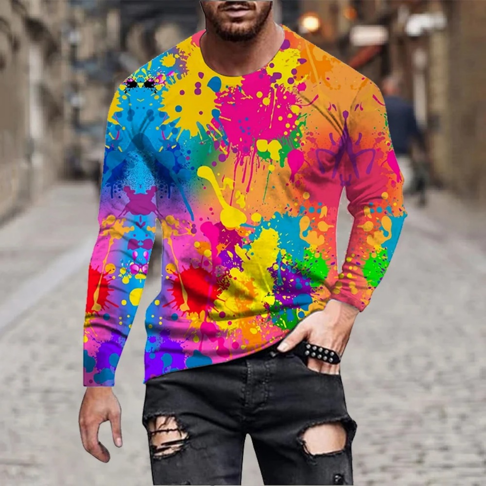 メンズ レインボーペイントスプラッシュ 3Dプリント 長袖T - Men'S Fashion Trends のレビューと価格