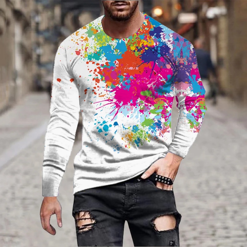 メンズ レインボーペイントスプラッシュ 3Dプリント 長袖T - Men'S Fashion Trends のレビューと価格