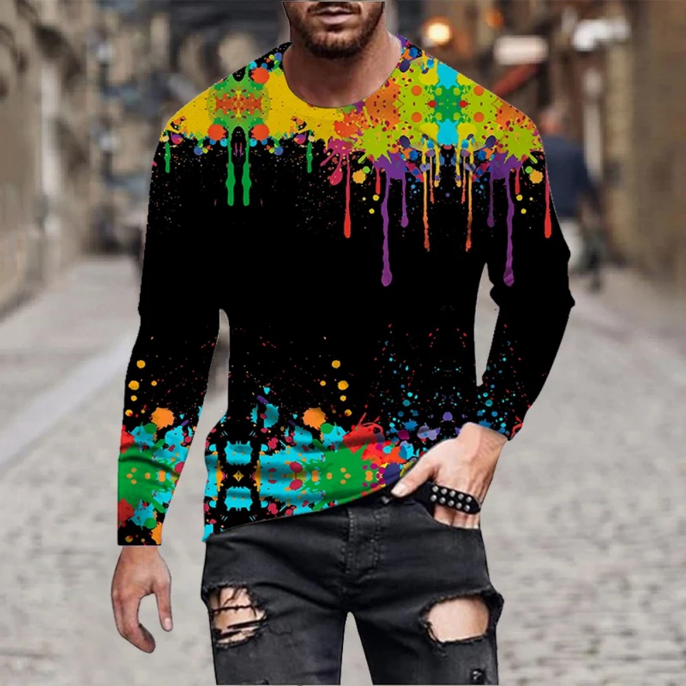 メンズ レインボーペイントスプラッシュ 3Dプリント 長袖T - Men'S Fashion Trends のレビューと価格