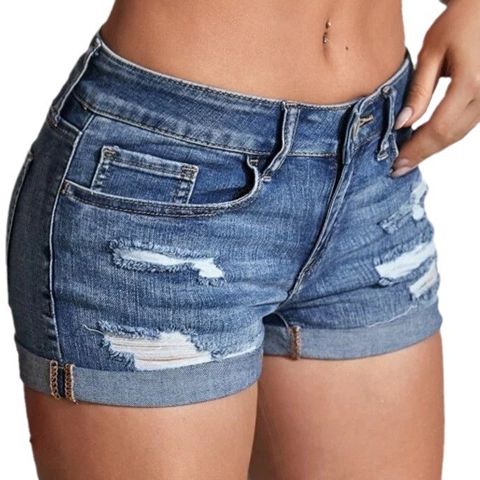 ハイウエストウォッシュドデニムショーツ、ダメージ加工スキニー - Skinny Jeans Ripped のレビューと価格