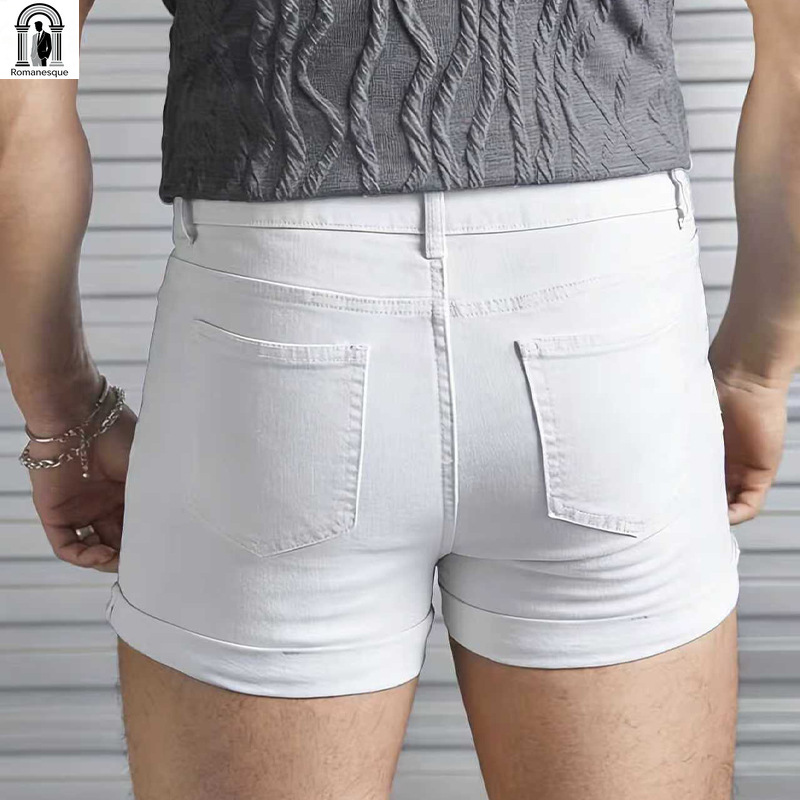 メンズセクシーなスリムフィットホワイトデニムショーツ、ロール - Skinny Jeans Ripped のレビューと価格