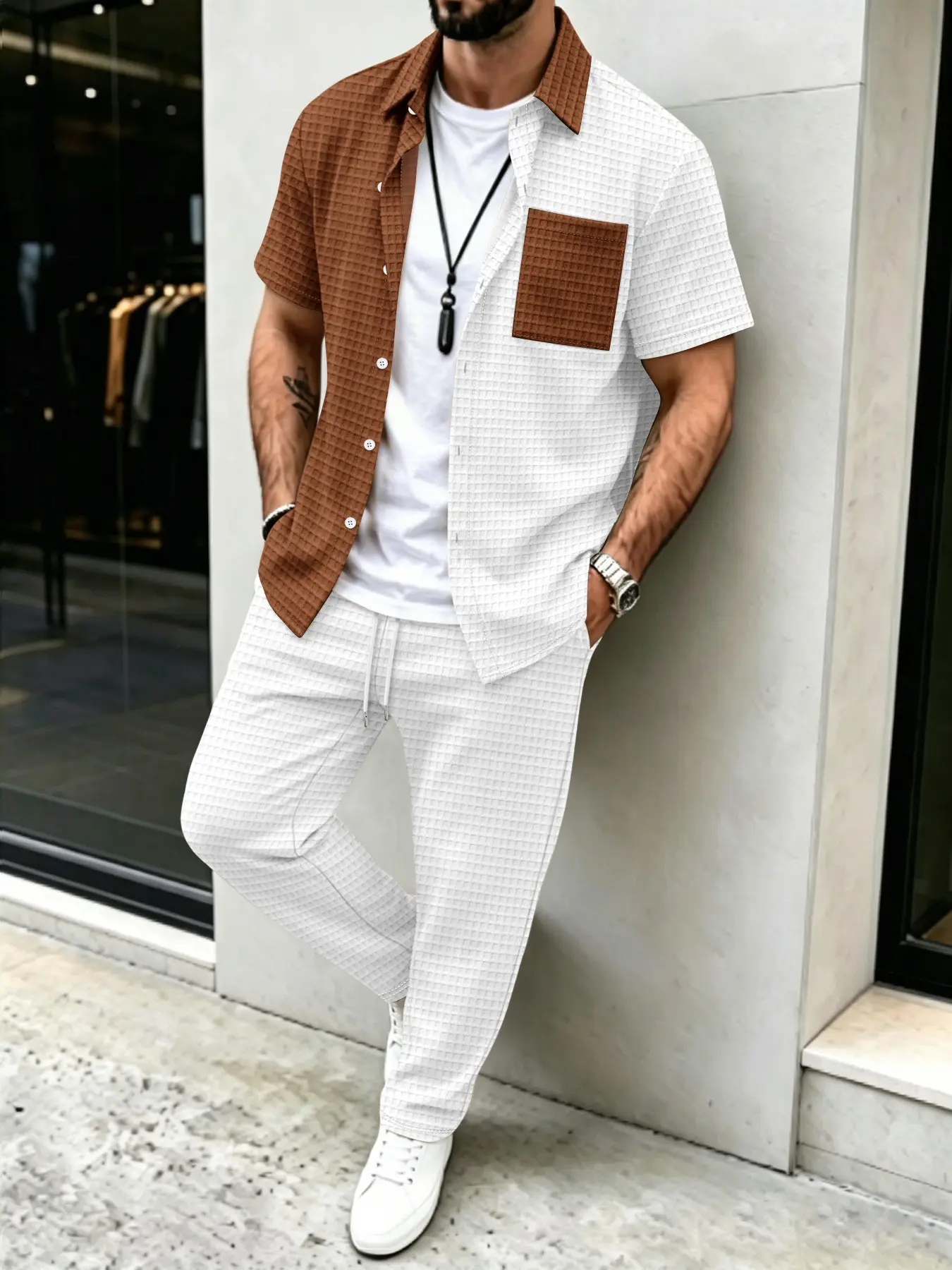 メンズ無地ワッフル柄カジュアル、カラーブロックデザインシャツ - Mens Fashion Clothes のレビューと価格
