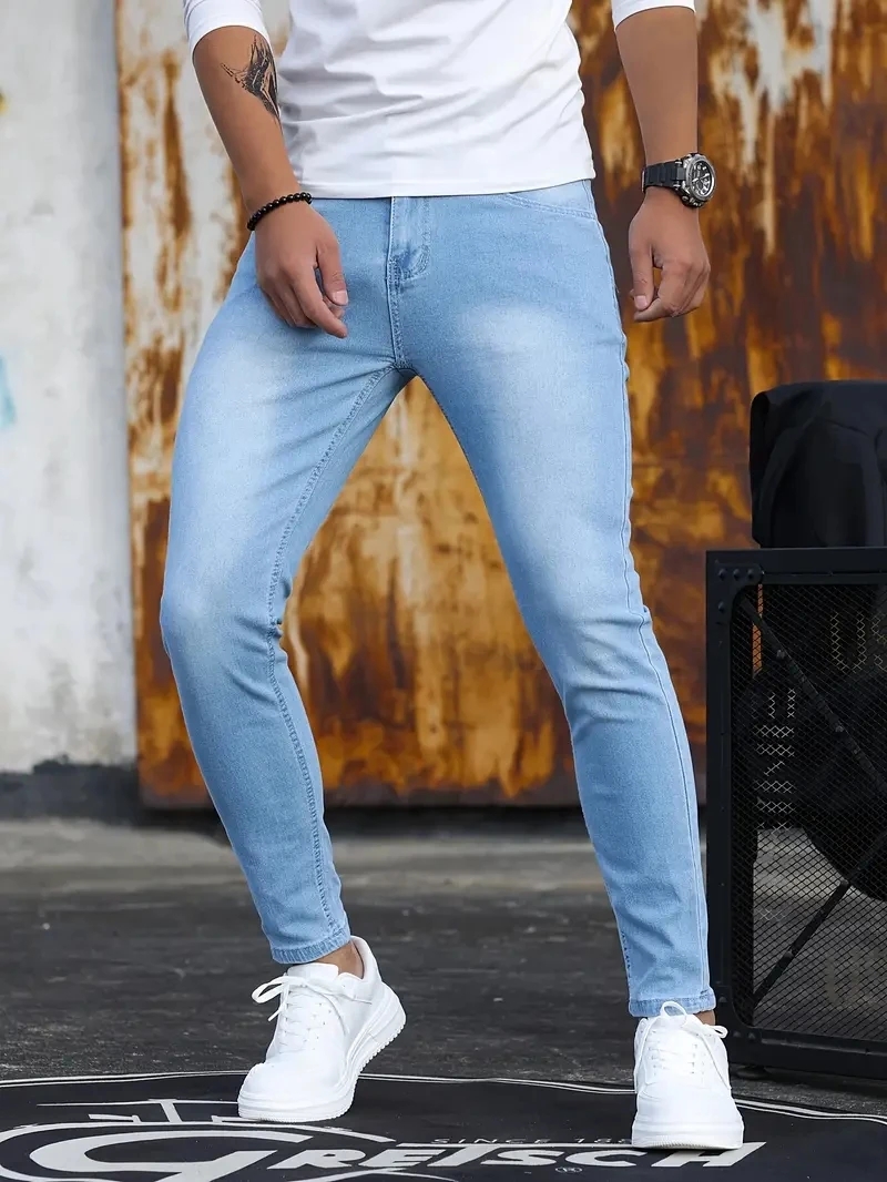 メンズジーンズ スカイブルー ブラックジッパー ストレッチジ - Skinny Jeans Ripped のレビューと価格
