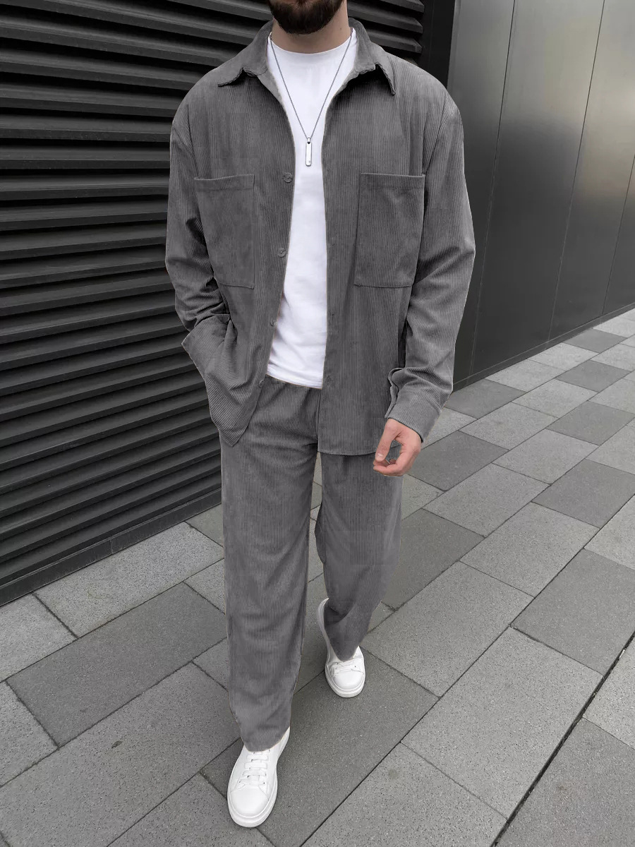 メンズコーデュロイツーピースセット：長袖ボタンダウンシャツと - Mens Fashion Clothes のレビューと価格