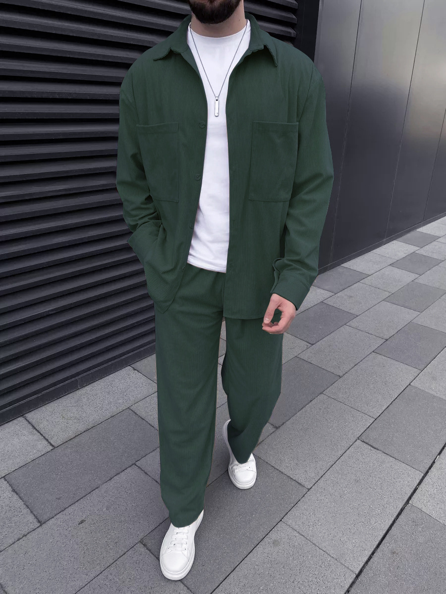 メンズコーデュロイツーピースセット：長袖ボタンダウンシャツと - Mens Fashion Clothes のレビューと価格