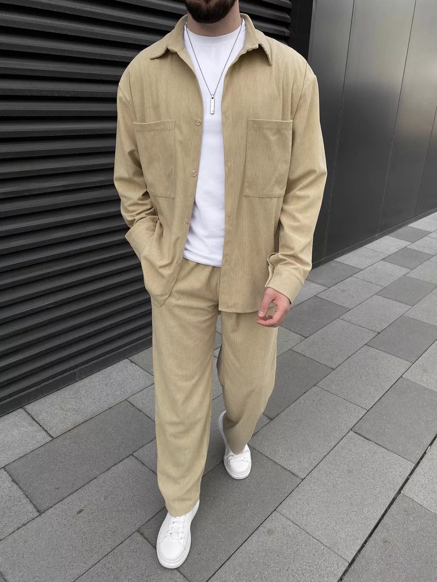 メンズコーデュロイツーピースセット：長袖ボタンダウンシャツと - Mens Fashion Clothes のレビューと価格
