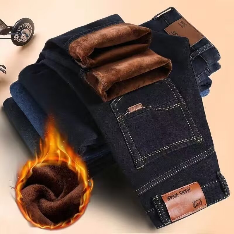 秋冬メンズフリース裏地付き厚手ストレートジーンズ、ハイウエス - Skinny Jeans Ripped のレビューと価格