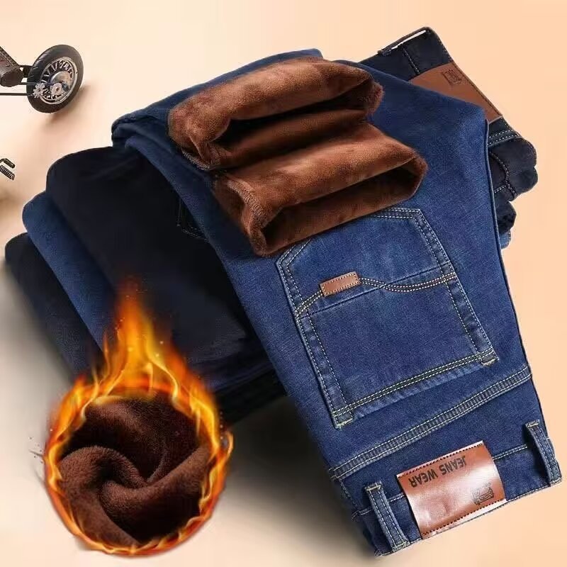 秋冬メンズフリース裏地付き厚手ストレートジーンズ、ハイウエス - Skinny Jeans Ripped のレビューと価格