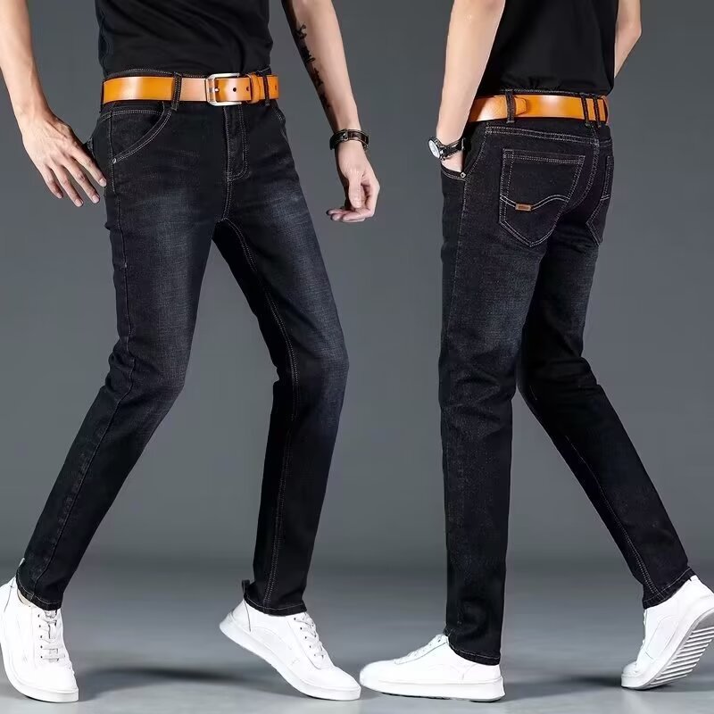 秋冬メンズフリース裏地付き厚手ストレートジーンズ、ハイウエス - Skinny Jeans Ripped のレビューと価格