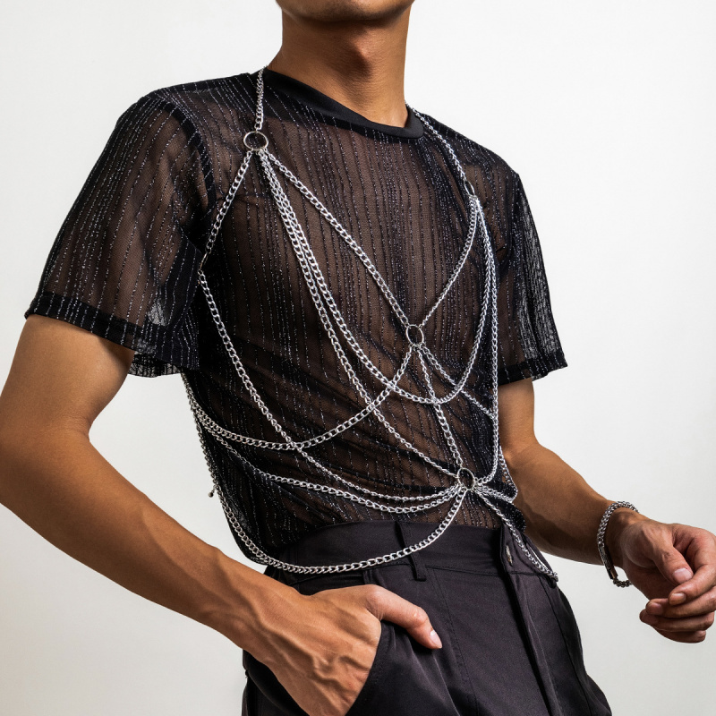 メンズ ボディチェーンハーネス シルバー マルチレイヤーチェ - Fashion Harness Men のレビューと価格