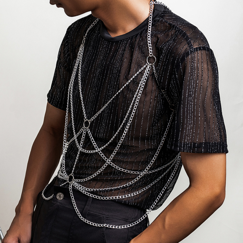メンズ ボディチェーンハーネス シルバー マルチレイヤーチェ - Fashion Harness Men のレビューと価格