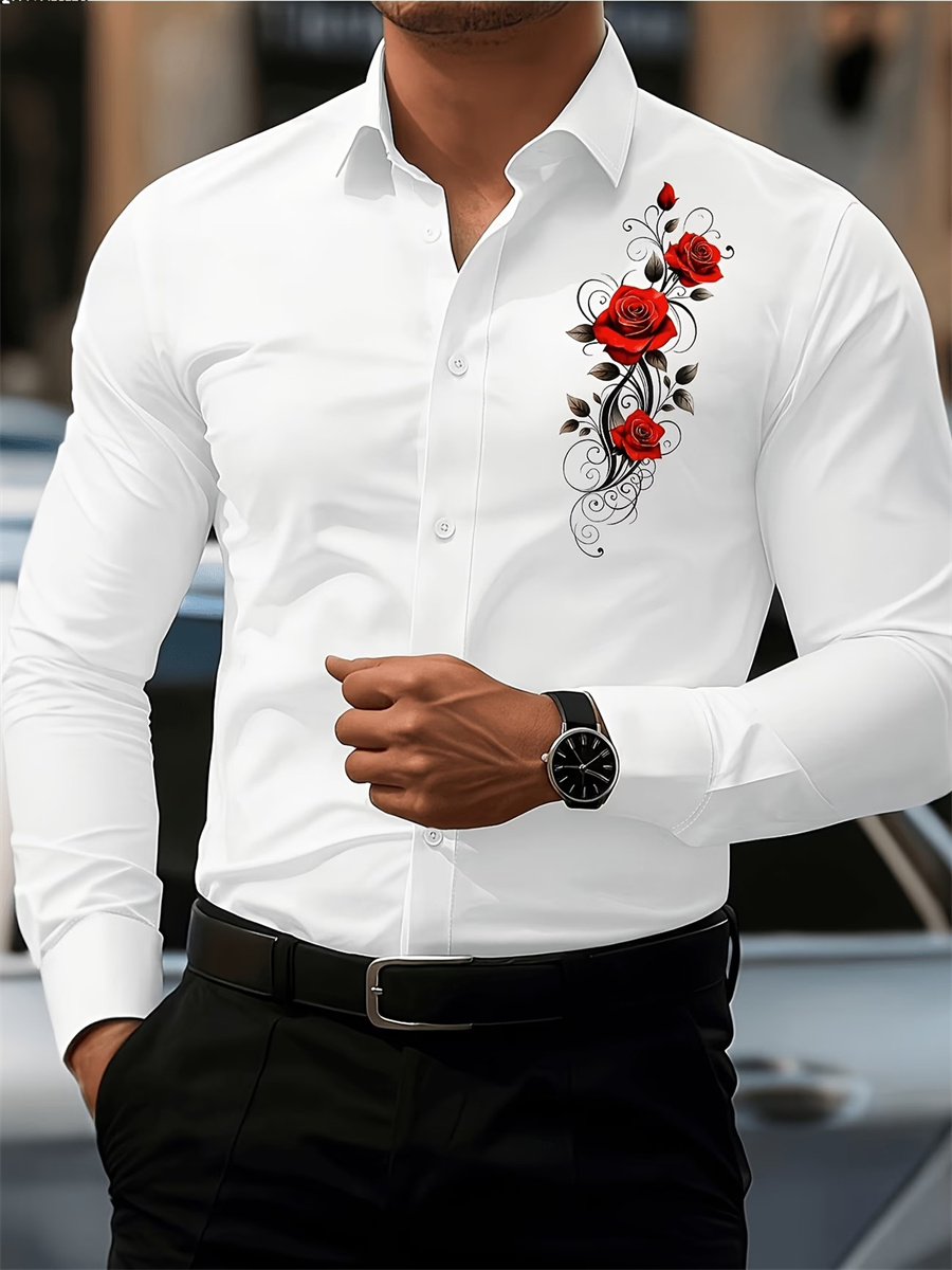 メンズ レッドローズプリント 長袖シャツ、ファッショナブルで - Mens Fashion Clothes のレビューと価格