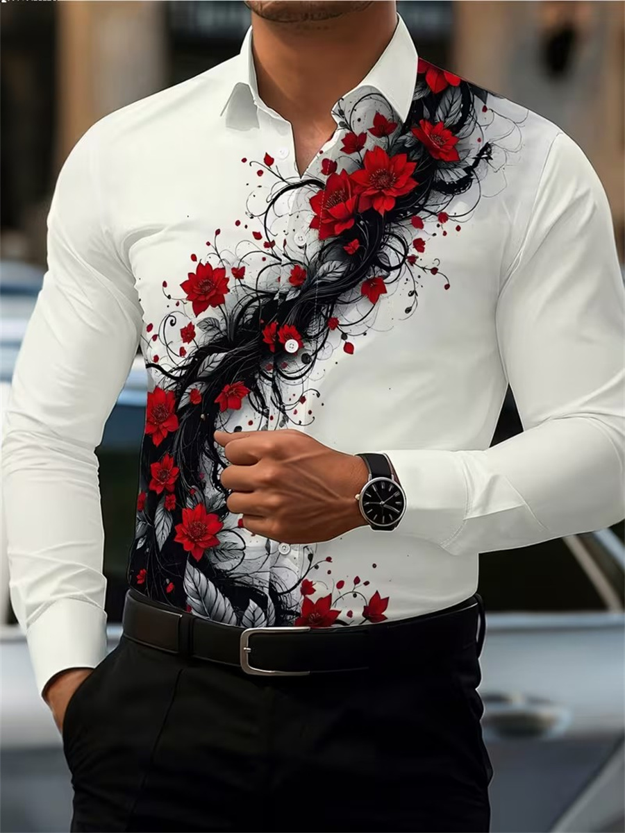 メンズ レッドローズプリント 長袖シャツ、ファッショナブルで - Mens Fashion Clothes のレビューと価格