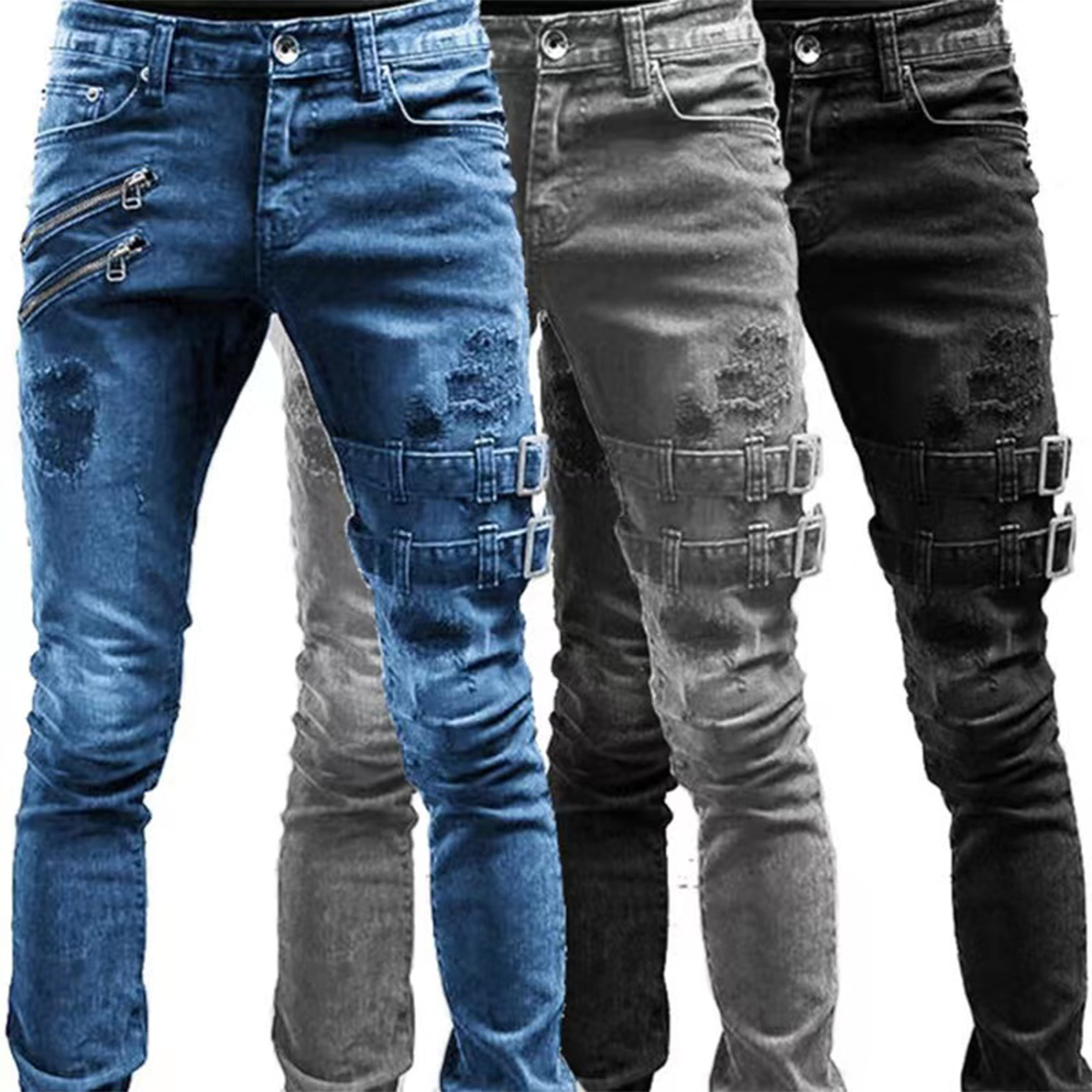 レトロモトバイカーストレート弾性ジーンズ男性ジッパー穴ストリ - Skinny Jeans Ripped のレビューと価格
