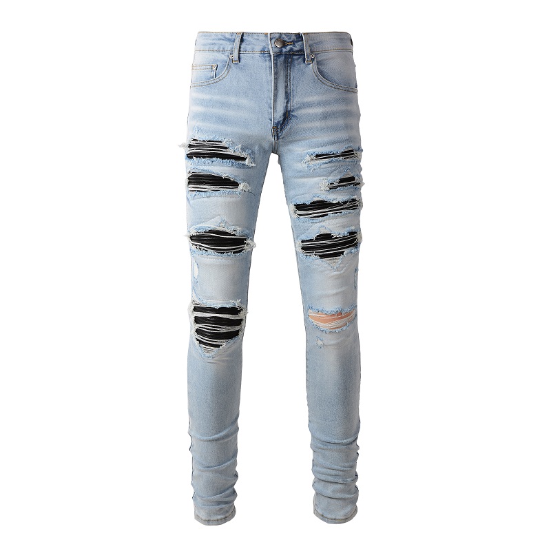 メンズバイカースタイルの黒のプリーツパッチ,ストリートウェア - Skinny Jeans Ripped のレビューと価格